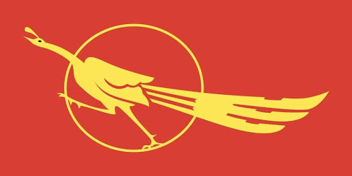 Student Flag Logo with a yellow peacock and an circle enclosing its body in the middle, on the red background
